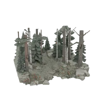 Modelo 3D de um diorama de floresta encantada com pinheiros e bétulas, solo musgoso e pequenos cogumelos.