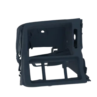 3D model of a dark blue car dashboard vent assembly, viewed from a slightly elevated side angle, showcasing its intricate str