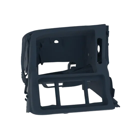 Modello 3D bocchetta cruscotto auto blu scuro, vista da un'angolazione laterale leggermente elevata, che mostra la sua struttura intricata e la griglia.