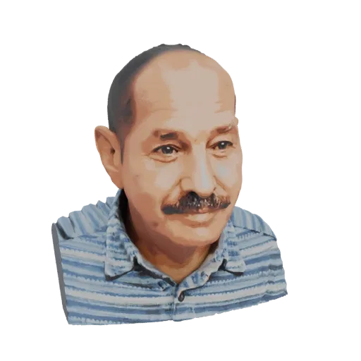 3D model render of a middle-aged man with a mustache, wearing a blue and white striped shirt, presented in a painterly style.
