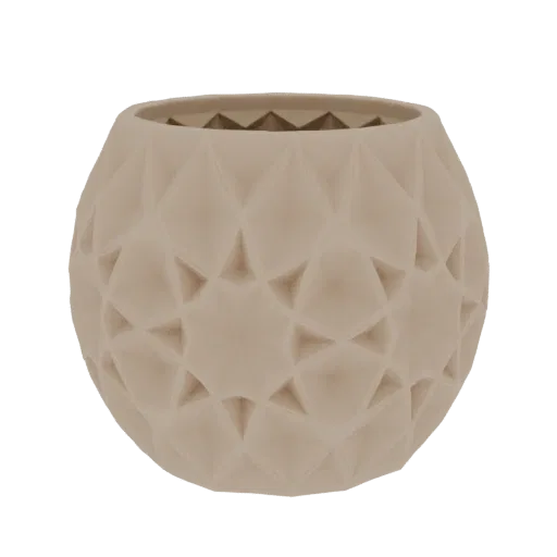 Render 3D de una maceta beige geométrica con patrón facetado tipo estrella.