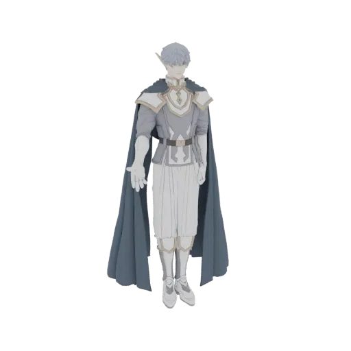 Modelo 3D de um elegante guerreiro elfo com cabelo azul claro, vestindo armadura ornamentada cinza e branca com um manto flui