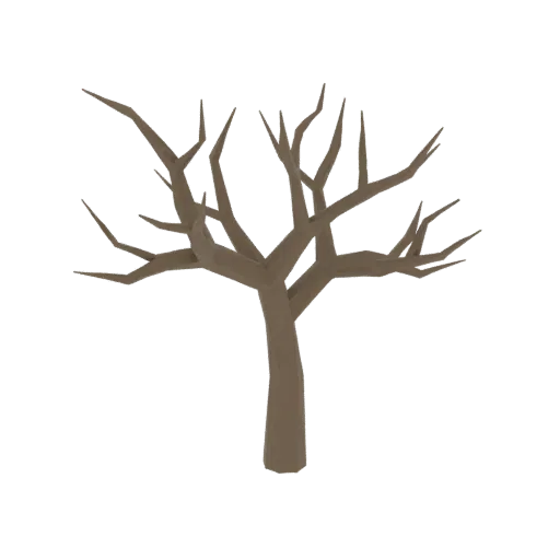 Un modello 3D low-poly di un albero spoglio con un tronco semplice e molti rami angolari, su sfondo nero.