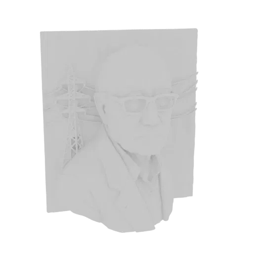 3D relief model of an elderly man with glasses, with stylized power lines in the background, presented in a monochromatic sty