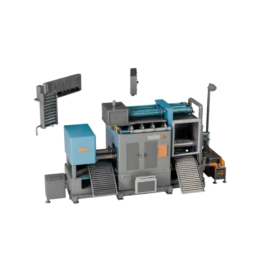 Inspection Packing Machine Stylized 3D model, stylized isometric render, showing painted steel, machine stations.
