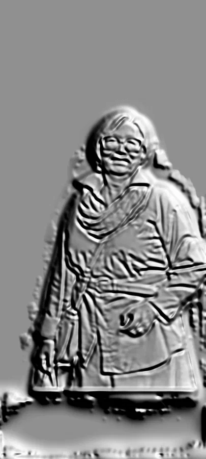 3D model of an elderly woman with glasses bas-relief, in a sculpture style, with detailed facial features and clothing.