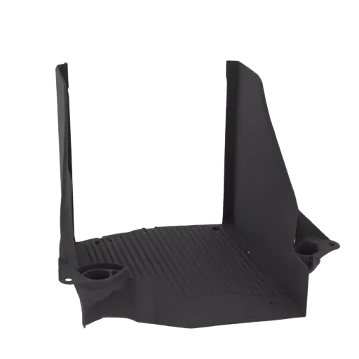 3D model of a dark gray industrial air filter housing with a ribbed base and two upright supports, isolated on a white background.