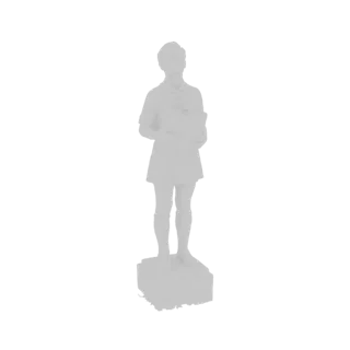 3D-Modell-Rendering einer jungen Mädchenstatue, die auf einem Sockel steht und ein Buch hält, in einem hellgrauen, monochrome