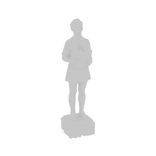 3D model render of a young girl statue standing on a pedestal, holding a book, in a light gray, monochromatic style.