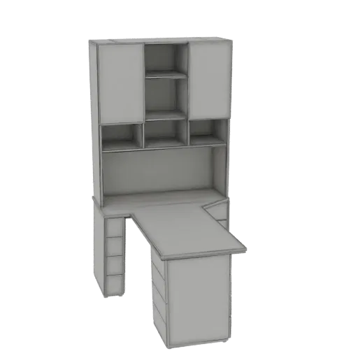 3D model of a gray L-shaped desk with a hutch featuring multiple shelves and cabinets, shown against a white background.