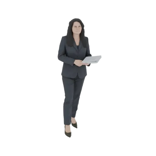 Modelo 3D de una mujer de negocios con traje oscuro sosteniendo documentos, de pie contra un fondo blanco.