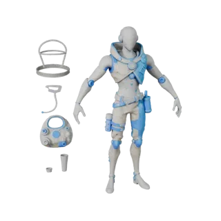 Personaggio 3D Mercante NPC Arcano Cyberpunk, vista viewport motore, asset stilizzato con posa in piedi e pbr