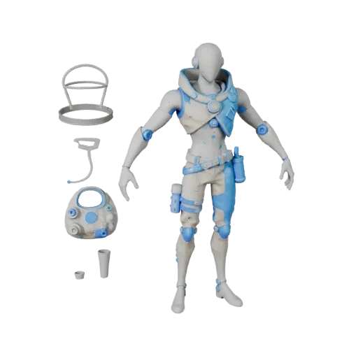 Personagem 3D Mercador Cibernético Arcano, vista da viewport do motor, ativo estilizado com pose em pé e PBR