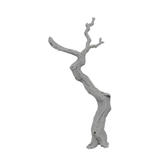 A 3D render of a twisted, gnarled dead tree branch against a white background.