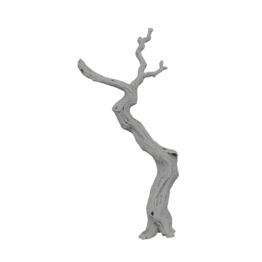 A 3D render of a twisted, gnarled dead tree branch against a white background.