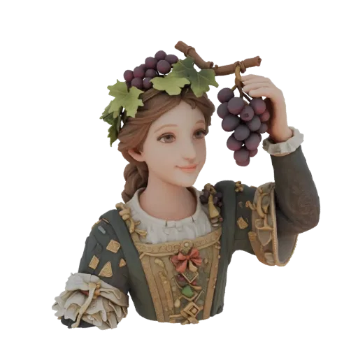3D model of a girl in Flemish attire holding grapes, with a wreath on her head and expressive facial features.