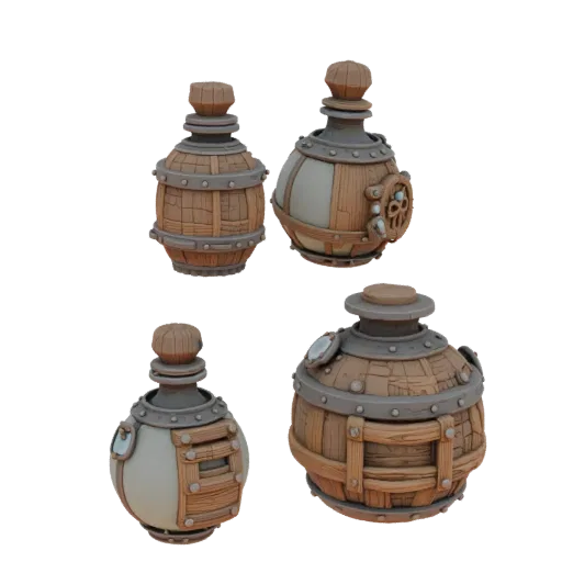 Adventurer Potion Bottle Printable 3D model, isometric STL render, showing aged wood, clear pickup silhouette.