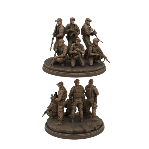 3D model of a bronze military squad diorama with soldiers in combat poses, viewed from two angles.
