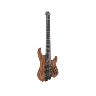 3D model of a 6-string electric bass guitar with a natural wood finish, viewed from a slight angle.
