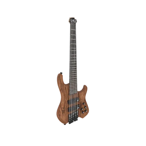 3D model of a 6-string electric bass guitar with a natural wood finish, viewed from a slight angle.