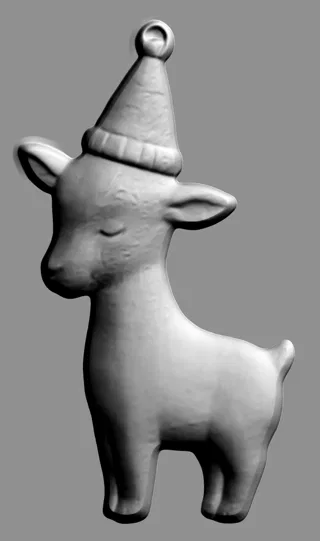 3D-Modell eines Hirschkalb-Flachreliefs mit Weihnachtsmütze, in Grau auf grauem Hintergrund dargestellt.