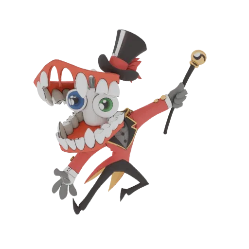 3D model of a whimsical circus ringmaster character with a giant, open mouth, wearing a red jacket and top hat, holding a can