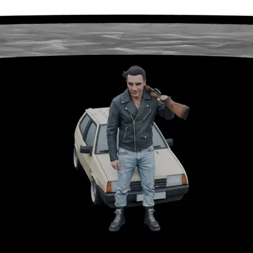 3D model of a man in a leather jacket holding a shotgun, standing next to a vintage car.
