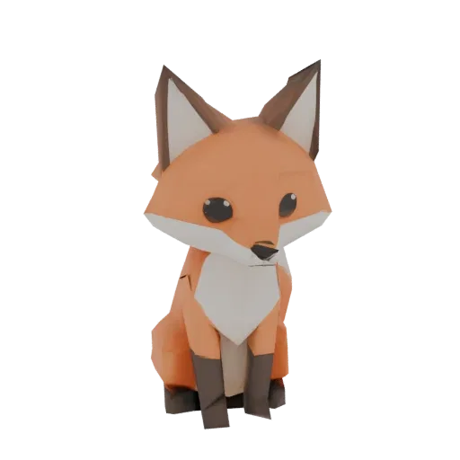 Low poly 3D model of a sitting fox with orange fur and a white chest, rendered in a geometric style.