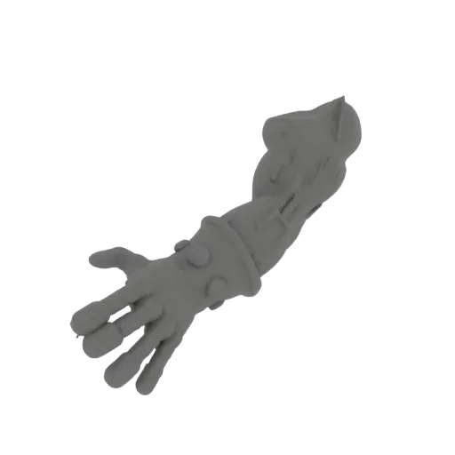 Modello 3D di un dettagliato braccio steampunk con componenti meccanici e un bracciale borchiato, renderizzato in grigio.