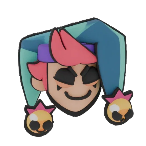 3D model of a jester character's head with a teal and blue jester hat and skull bells.