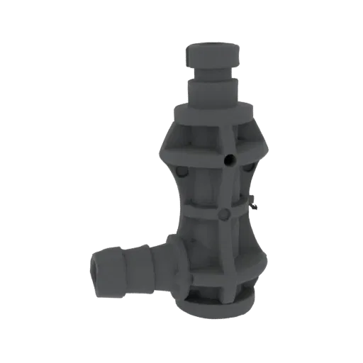 3D model of a gray industrial valve with a hose barb connection on a white background.