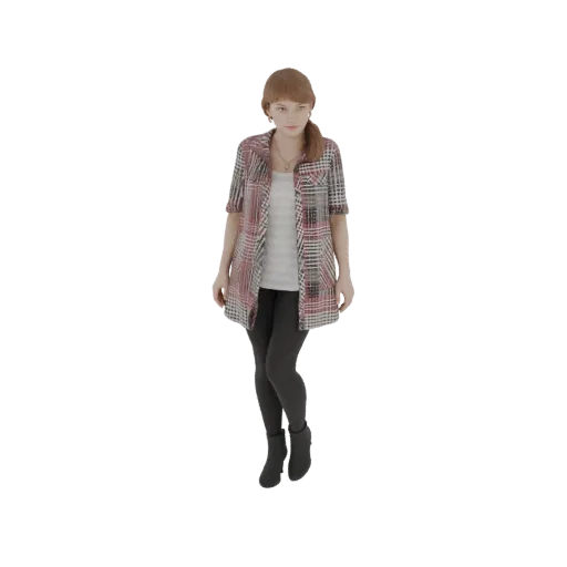 3D model of a young woman with auburn hair, wearing a plaid shirt, white tank top, black leggings, and boots.