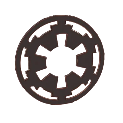 3D model of the Imperial Cog emblem, a circular symbol with sharp, angular protrusions, rendered in dark metallic tones again