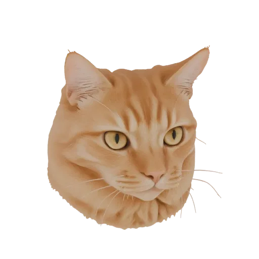 3D model of an orange tabby cat's head with yellow eyes and detailed fur patterns, set against a white background.