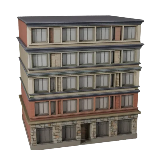 Stone Facade stylized 3D model, isometric stylized game environment view, showing building facade materials and architectural detail