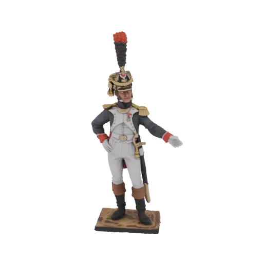 3D model of a French Imperial Guard Officer in a dark blue uniform with gold trim, white breeches, and a tall plumed hat, sta
