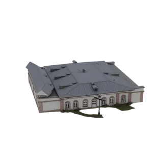 Modelo 3D de un edificio estilo europeo con techo mansarda gris, paredes blancas y ventanas arqueadas, sobre un fondo blanco.
