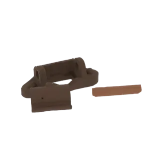 3D render of a brown industrial bracket with a separate cylindrical pin, isolated on a white background.