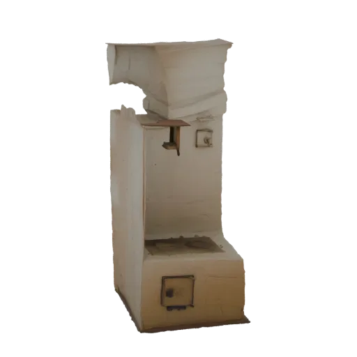 Modello 3D di fornace rustica in argilla e stufa con piano cottura e focolare, su sfondo nero.