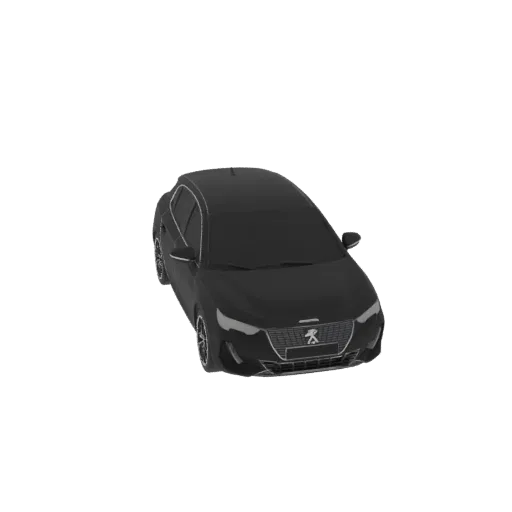 3D model of black Peugeot 308 car, front and top view, on white background