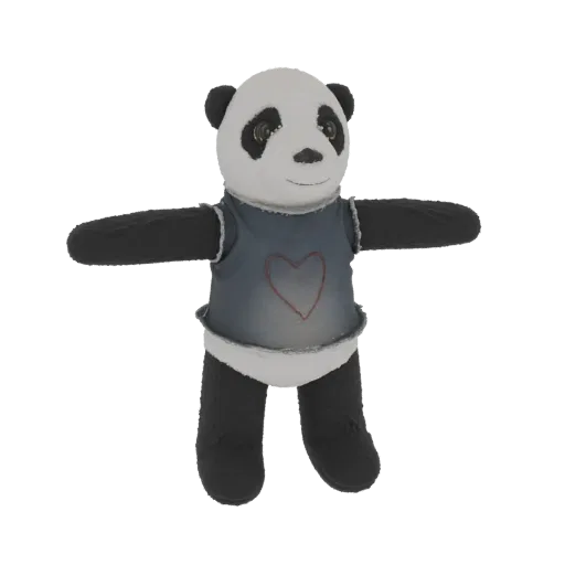 3D model of a cute panda plush toy wearing a blue vest with a red heart, standing in a T-pose.