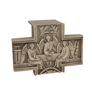 3D model of an Orthodox cross relief depicting the Holy Trinity with three angelic figures seated at a table.
