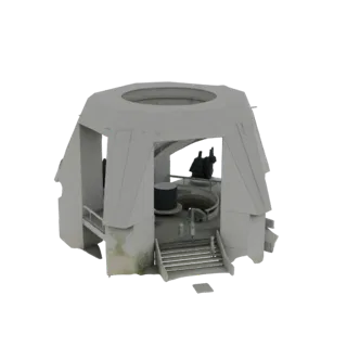 3D model render of a futuristic octagonal observation deck with a central cylinder and a spiral staircase, set against a whit