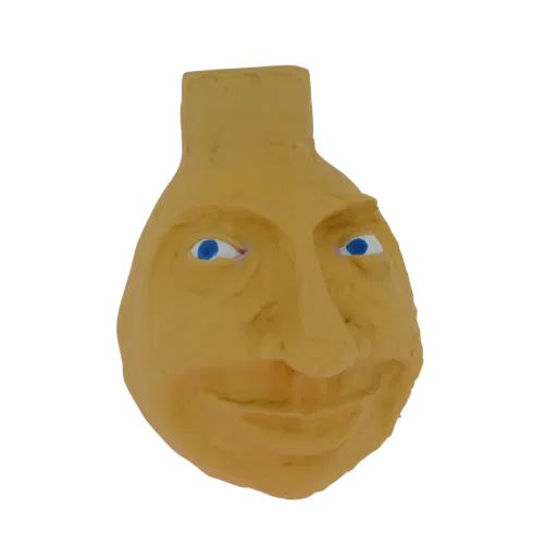 3D model render of a whimsical yellow vase with a sculpted face, featuring prominent blue eyes and a subtle smile, against a