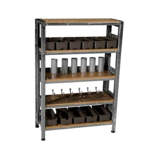 Mechanic Parts Rack Modular 3D model, isometric modular kit view, showing steel frames, stable fixtures.