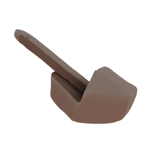 3D model render of a brown plastic shoehorn with a curved scoop and an angled handle, presented against a black background.