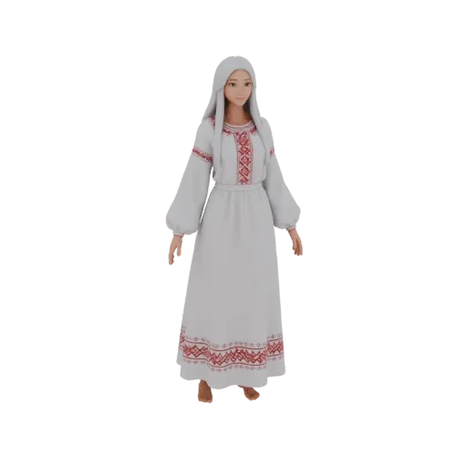 3D model of Mordovian Water Goddess Vedyava in a long white dress with red ornaments, standing on a white background.