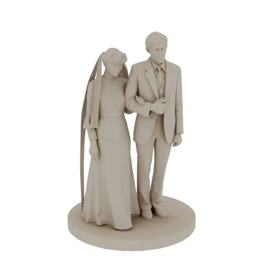 3D model of a Victorian wedding couple, bride in veil and gown, groom in suit, standing on a circular base.