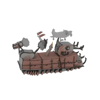 3D model of a whimsical steampunk tank with a small airplane on top and a lit candle, rendered in a hand-drawn style.