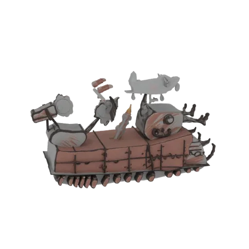 Modello 3D di un carro armato steampunk fantasioso con un piccolo aeroplano in cima e una candela accesa, reso in stile disegno a mano.
